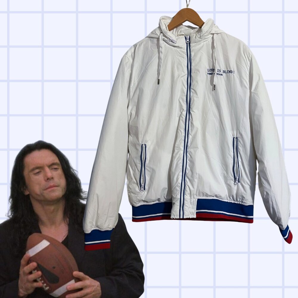 🧥 Tommy Wiseau “LOVE IS BLIND!” White Windbreaker Jacket – Size L